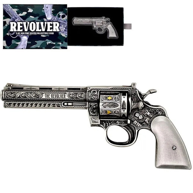 REVOLVER GUN 2023 2 OZ PURE SILVER HIGH RELIEF ANTIQUED COIN