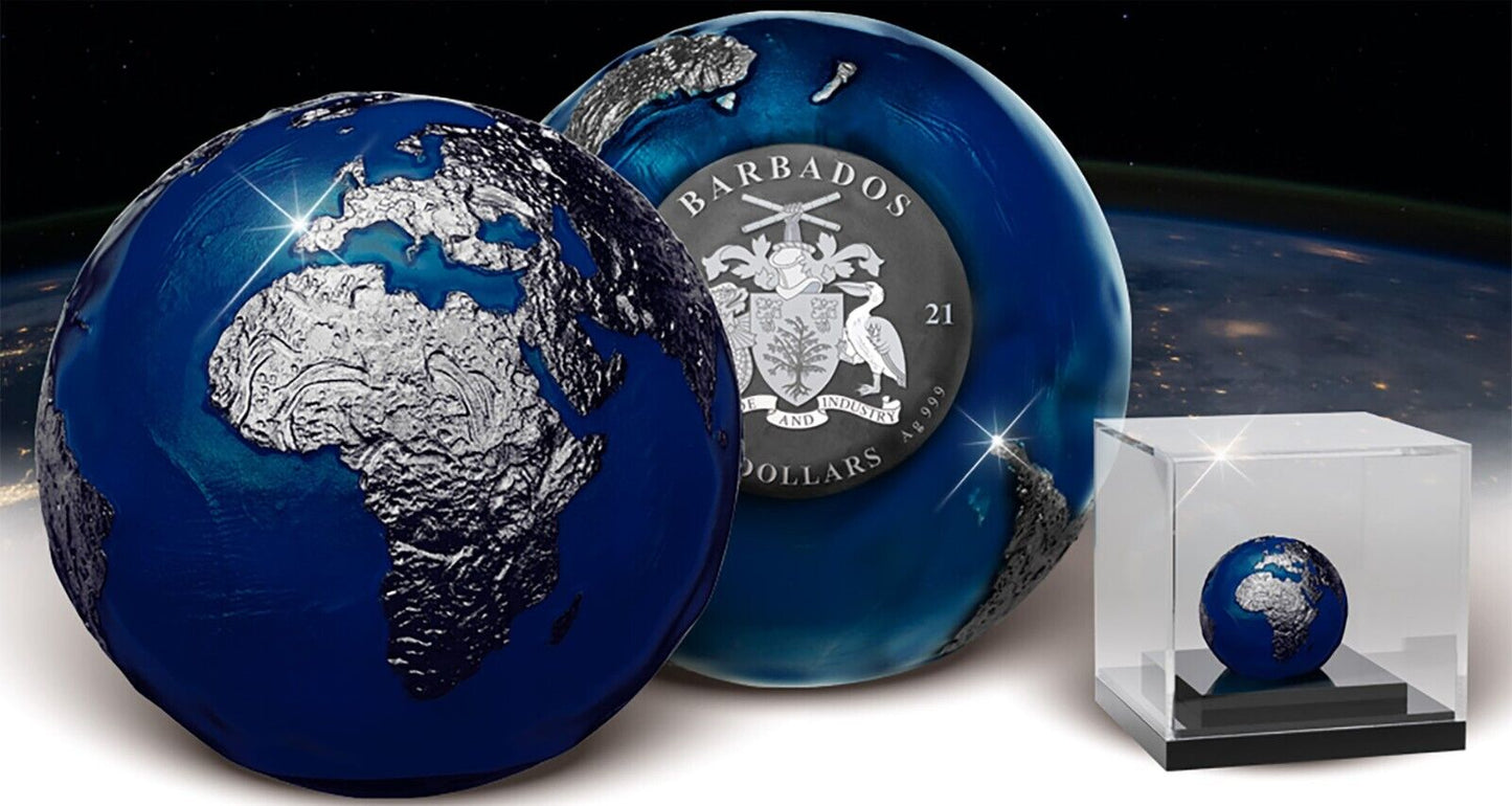 BLUE MARBLE AT NIGHT Planet Earth Spherical 3 Oz Silver Coin 5$ Barbados 2021