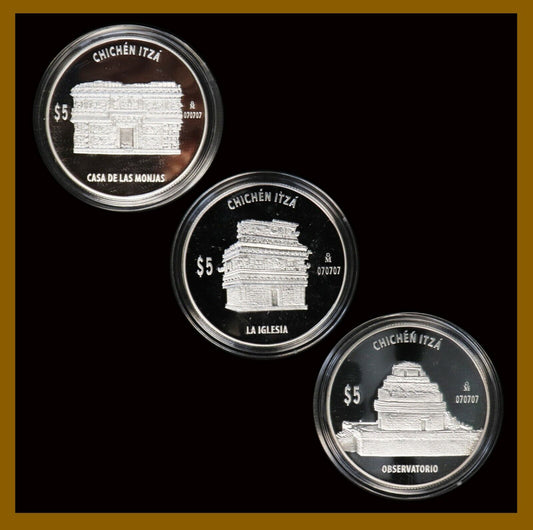 Mexico 5 Pesos ,3 Pcs Silver Coin Set, 2007 (2012) Chichen Itza Maya Stone House