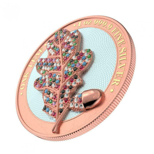 Germania 2019 5 Mark Bejeweled Oak Leaf Pink 1 Oz 999 Silver Coin