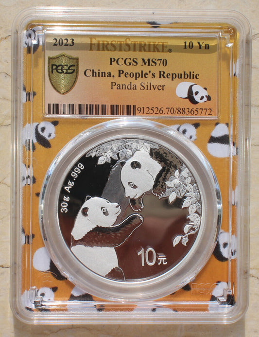 PCGS MS70 China 2023 30g (30 grams) Silver Panda (First Strike, Yellow)