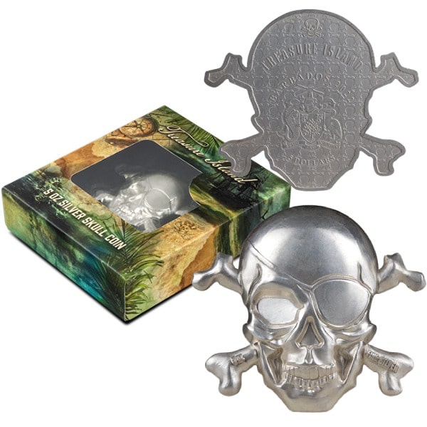 TREASURE ISLAND SKULL 2022 5 OZ .999 PURE SILVER COIN – BARBADOS