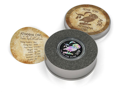 Niue 2020 $2 Athenian Owl - Ruthenium Holo - 1 Oz Silver Coin + Swarovski Crystals
